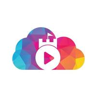 Play castle cloud shape concept logo design. Button play and castle vector logo combination. Record and tower symbol or icon.