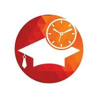 diseño del logotipo del vector de tiempo de estudio. sombrero de graduación con diseño de icono de reloj