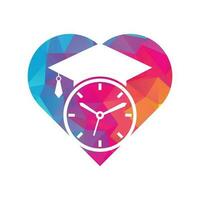 Study time heart shape concept vector logo design. Graduation hat with clock icon design.