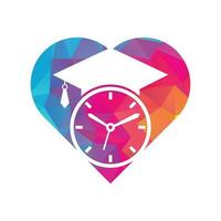 Study time heart shape concept vector logo design. Graduation hat with clock icon design.