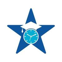 diseño del logotipo del vector de tiempo de estudio. sombrero de graduación con diseño de icono de reloj