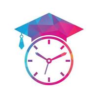 diseño del logotipo del vector de tiempo de estudio. sombrero de graduación con diseño de icono de reloj