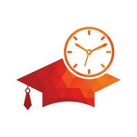 diseño del logotipo del vector de tiempo de estudio. sombrero de graduación con diseño de icono de reloj