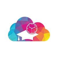 diseño de logotipo vectorial de concepto de forma de nube de tiempo de estudio. sombrero de graduación con diseño de icono de reloj. vector