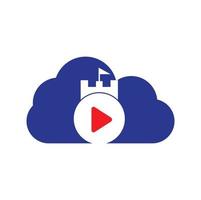 Play castle cloud shape concept logo design. Button play and castle vector logo combination. Record and tower symbol or icon.