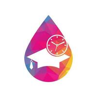 diseño de logotipo vectorial de concepto de forma de gota de tiempo de estudio. sombrero de graduación con diseño de icono de reloj. vector