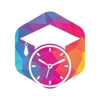 diseño del logotipo del vector de tiempo de estudio. sombrero de graduación con diseño de icono de reloj