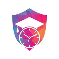 diseño del logotipo del vector de tiempo de estudio. sombrero de graduación con diseño de icono de reloj