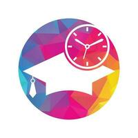 diseño del logotipo del vector de tiempo de estudio. sombrero de graduación con diseño de icono de reloj