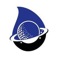 Planet golf y diseño de logotipo vectorial en forma de gota. plantilla de diseño de logotipo de vector de pelota de golf y planeta.