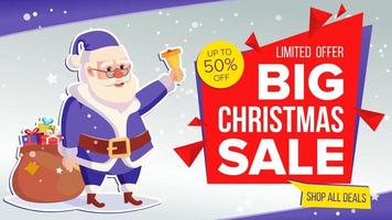 Christmas Sale Banner Vector. Cute Xmas Santa Claus. Crazy Sale Poster. Cartoon Business Brochure Illustration. Design For Xmas Banner, Brochure, Poster, Discount Offer Advertising. vector