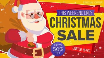 Christmas Sale Banner Vector. Xmas Santa Claus. Big Sale Offer. Cartoon Business Brochure Illustration. Design For Xmas Banner, Brochure, Poster, Discount Offer Advertising. vector