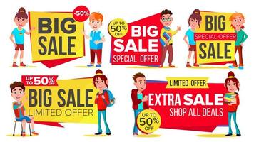 Big Sale Banner Set Vector. School Children, Pupil. Kids School Shopping. Half Price Colorful Stickers. Mega Sale Poster Design. Discount And Promotion. Isolated Illustration vector