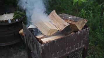 les bûches de bois fument dans le brasier métallique en gros plan. un homme jette du bois de chauffage dans un gril fumant dans son jardin. une épaisse fumée blanche s'élève du torréfacteur. le bois de chauffage brûle dans le gril en plein air. video