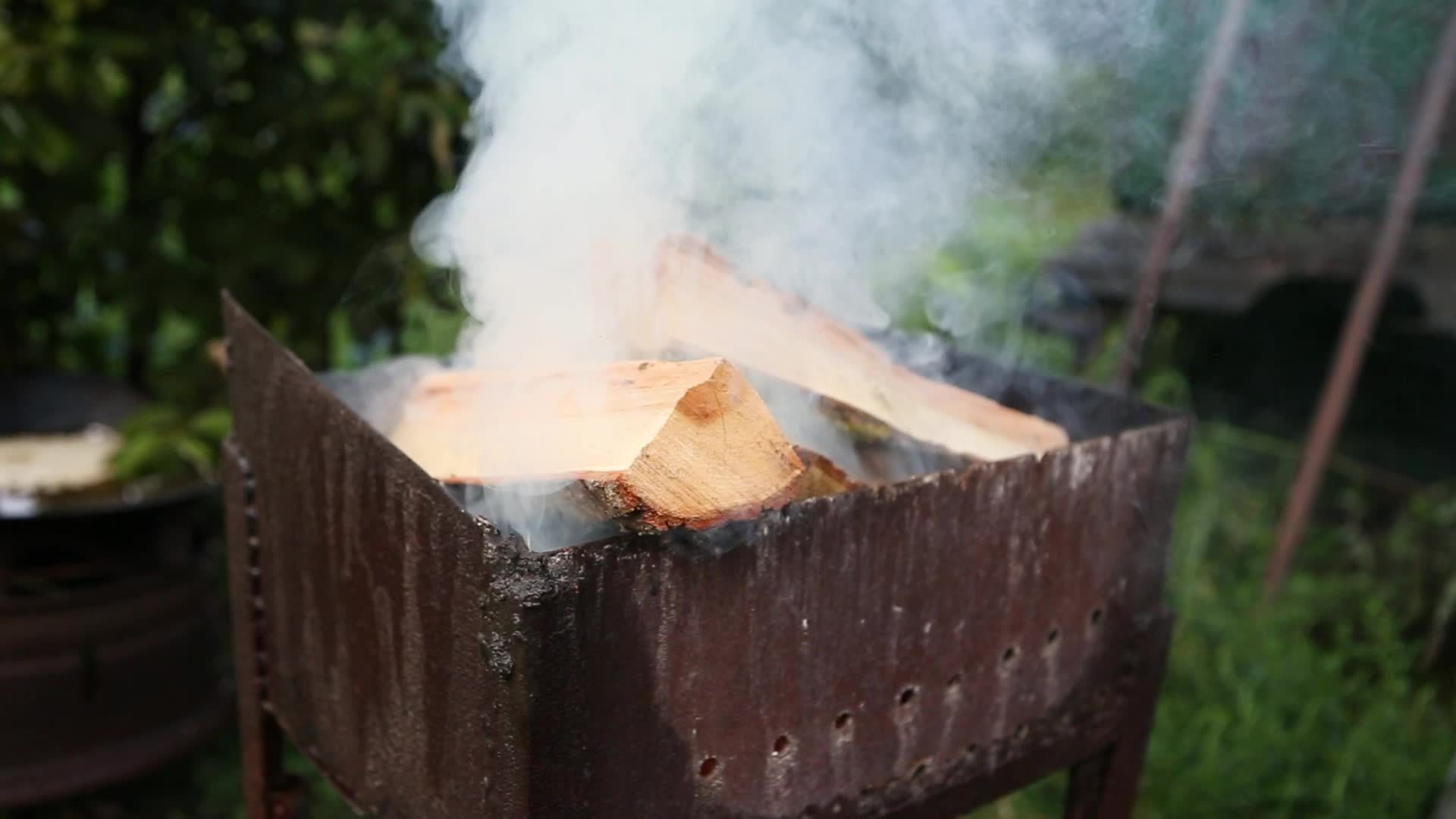 Wood logs are smoking in the metal brazier close up. A man throws