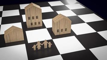 The home wood toy on chess board for property or real estate business 3d rendering. photo