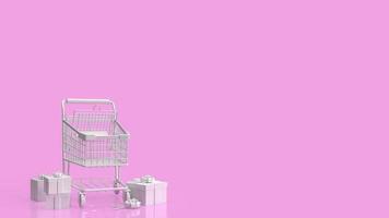 The white supermarket cart and gift box on pink background 3d rendering photo