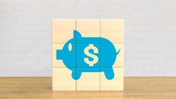 The blue piggy bank  on wood cube for business concept 3d rendering photo