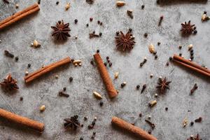 Star anise and cinnamon on a grey background. The view from the top photo