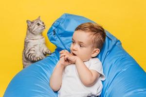 un niño riéndose de fondo amarillo se sienta con un gato sentado en una silla azul. foto