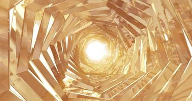 A rotating golden metal tunnel with walls of ribs and lines in the shape of a hexagon with reflections of luminous sunbeams. Abstract background photo