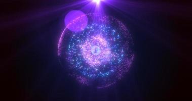 Abstract round purple sphere glowing energy magic molecule with atoms from particles and dots cosmic. Abstract background photo