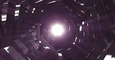 A rotating dark metal tunnel with walls of ribs and lines in the form of a hexagon with reflections of luminous rays. Abstract background photo