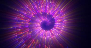 Abstract spiral tunnel of beautiful flying glowing magical particles bokeh circles of multicolored purple energy on a dark background. Abstract background photo