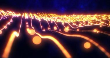 Abstract yellow orange shiny glowing lines rays of energy and magic waves from particles and dots, abstract background photo