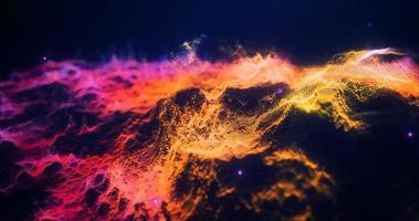 Abstract moving multicolored purple and yellow futuristic landscape of particles and dots of energetic magic with glow and blur effect, abstract background photo