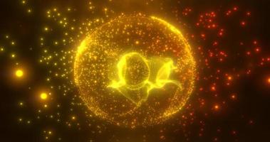 Abstract round yellow orange sphere light bright glowing from energy rays and magic waves from particles and dots, abstract background photo