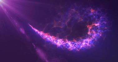 Abstract flying magical glowing line of energy purple particles in the rays of a brilliant sun on a dark background. Abstract background photo