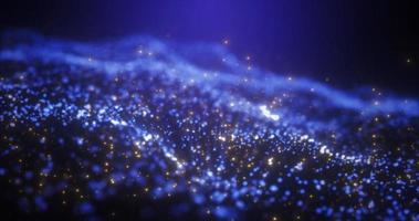 Abstract blue glowing energy waves from particles and magical dots with blur effect on dark background. Abstract background