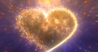 Glowing yellow gold love heart made of particles on a blue festive background for Valentine's Day photo