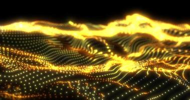 Abstract yellow futuristic waves from a grid of particles lines glowing bright shiny neon digital magical energy on a dark background. Abstract background photo