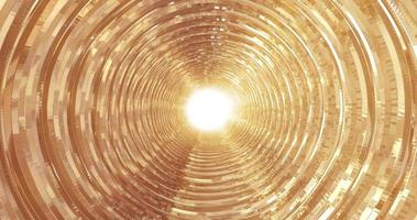 A rotating golden metallic shiny tunnel with walls of ribs and lines in the form of a circle with reflections of luminous rays. Abstract background photo