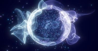 Abstract round blue sphere light bright glowing from rays of energy and magic waves from particles and dots, abstract background photo