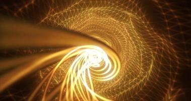Abstract yellow futuristic tunnel from a grid of particles lines glowing bright shiny neon digital magical energy on a dark background. Abstract background photo