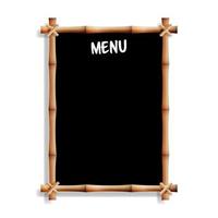 Menu Board With Bamboo Frame. Isolated On White Background. Realistic Black Chalkboard Hanging. Vector Illustration