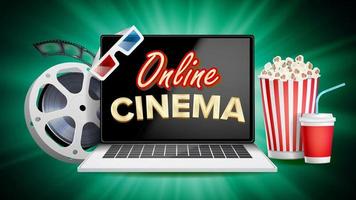 Online Cinema Poster Vector. Modern Laptop Concept. Home Online Cinema. Package Full Of Jumping Popcorn. Luxury Banner, Poster Illustration. vector