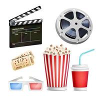 Cinema Movie Icons Set. Realistic Items Film Festival Directors Attributes TV. Cinematography Movie Festival Concept. Isolated Illustration vector
