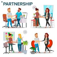 Business Partnership Set Vector. Business Man And Business Woman. Casual Handshaking. Business Connection. Isolated Flat Cartoon Illustration vector