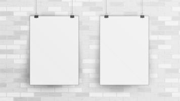 White Blank Paper Wall Poster Mock up Template Vector. Realistic Illustration. Picture Frame On Brick Wall. Front View vector