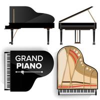 Black Grand Piano Set Icon Vector With Shadow. Realistic Keyboard. Isolated Illustration. Top And Back View