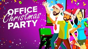 Office Christmas Party Vector. Smiling. Happy Business People. Merry Christmas And Happy New Year. Young Man, Woman. Cartoon Illustration vector