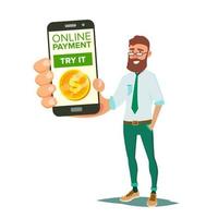 Online Mobile Payment Vector. Smiling Businessman Showing Smart Phone With Payments Application. Commerce Concept. Wireless Money Transfer. Isolated Flat Cartoon Illustration vector