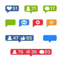 Notifications Icons Template Vector. Social network app symbols of heart like, new message bubble, friend request quantity number. Smartphone application messenger interface web notice elements set vector