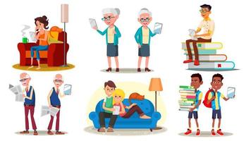 E-Book Reader Concept. Vector. E-Learning. Alternative Device. People Reading With An E-book. Mobile Library. Digital Tablet. Traditional Textbook VS Ebook. Isolated Flat Cartoon Illustration vector