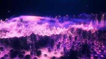 Abstract moving purple futuristic landscape of particles and dots of energetic magic with glow and blur effect, abstract background. Video 4k, motion design