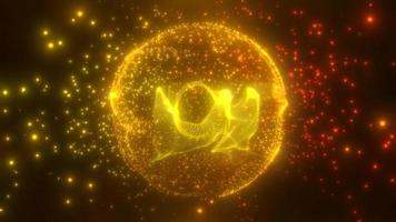 Abstract round yellow orange sphere light bright glowing from energy rays and magic waves from particles and dots, abstract background. Video 4k, motion design